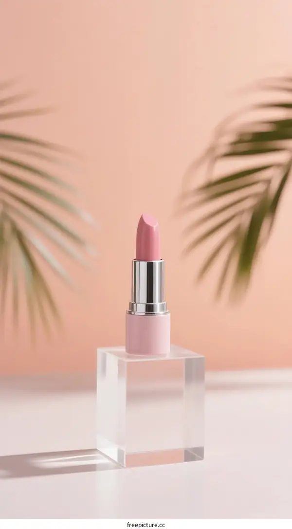 Pink Lipstick on Clear Cube with Soft Pastel Background and Palm Leaves