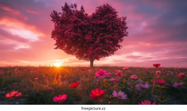A heart-shaped tree stands in a field of flowers with a beautiful sunset in the background