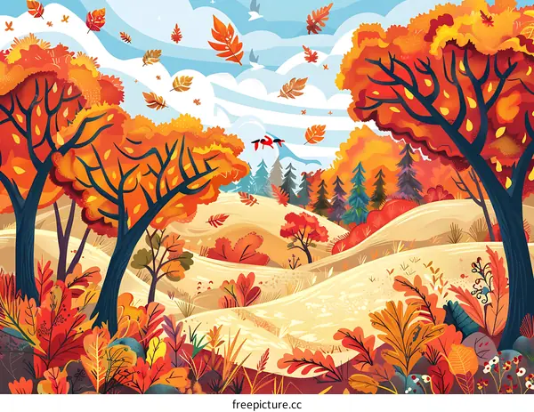 Autumn Forest Landscape With Colorful Trees And Falling Leaves