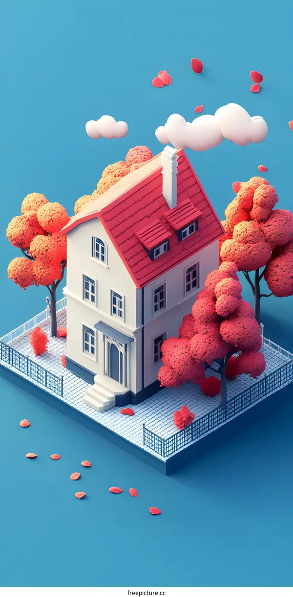 Minimalist 3D Illustration of a Small House with Red Roof and Autumn Trees