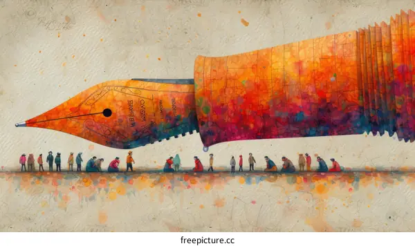 People Kneeling in Awe of a Giant Fountain Pen