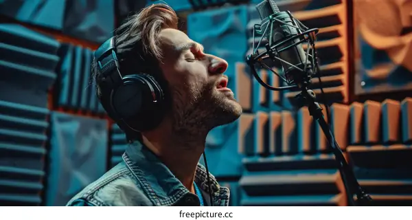Male singer in headphones singing into microphone in recording studio