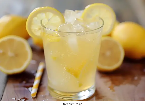 Glass of Lemonade with Lemon Slices and Ice Cubes on Wooden Table