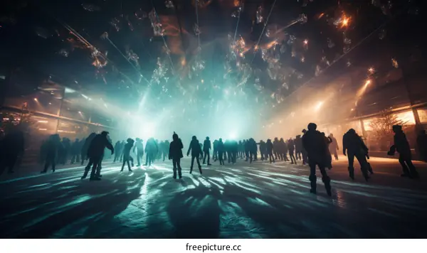 People ice skating in an indoor ice skating rink