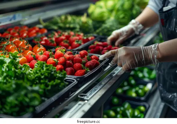 A person wearing gloves picks up a container of strawberries from a shelf in a grocery store