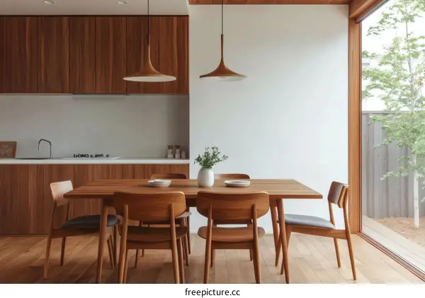Modern Wooden Dining Room with Large Window
