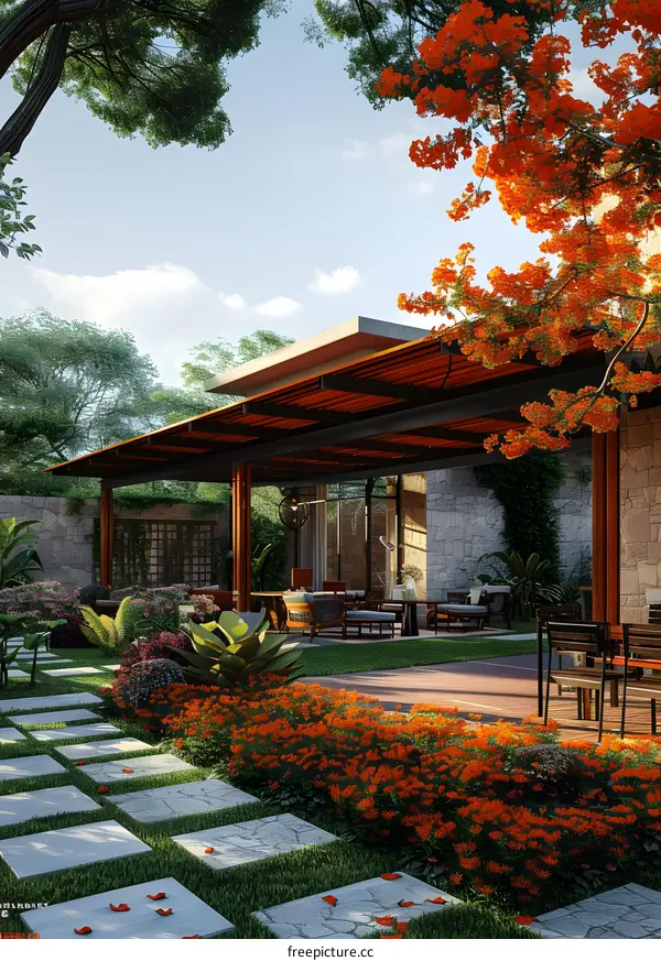 Modern House with Patio and Green Garden