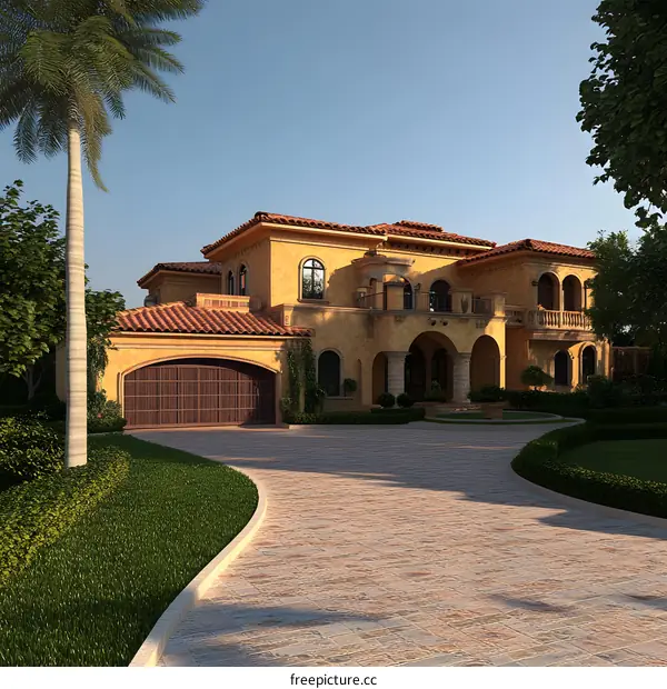 Mediterranean Style Home with Garage and Palm Trees