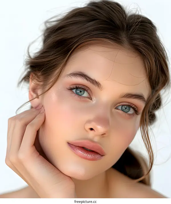 Close up portrait of a beautiful caucasian woman with blue eyes and long brown hair