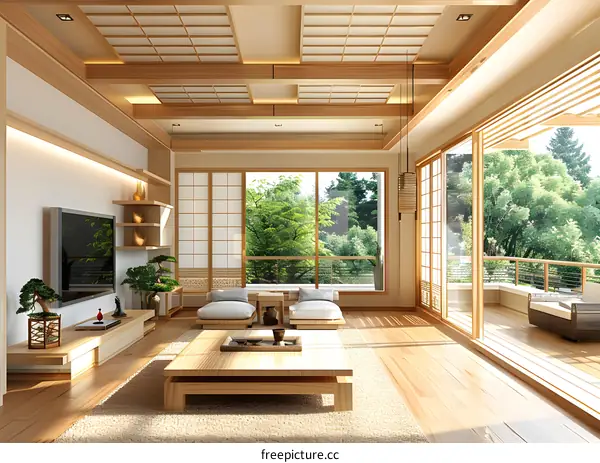 Modern Japanese Style Living Room Interior Design With Wooden Floor And Ceiling