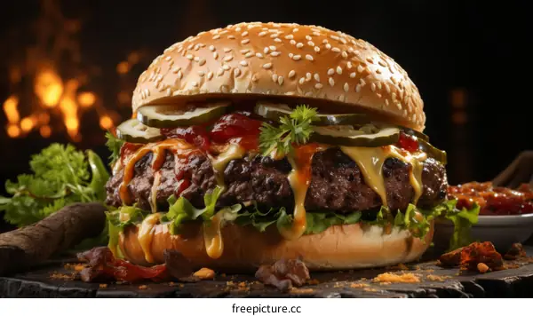 A delicious cheeseburger with pickles and lettuce on a wooden table