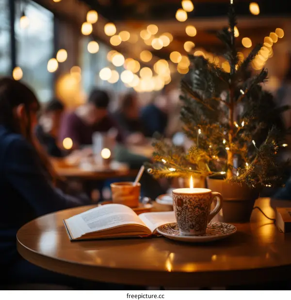 A cozy coffee shop with a Christmas tree and a book