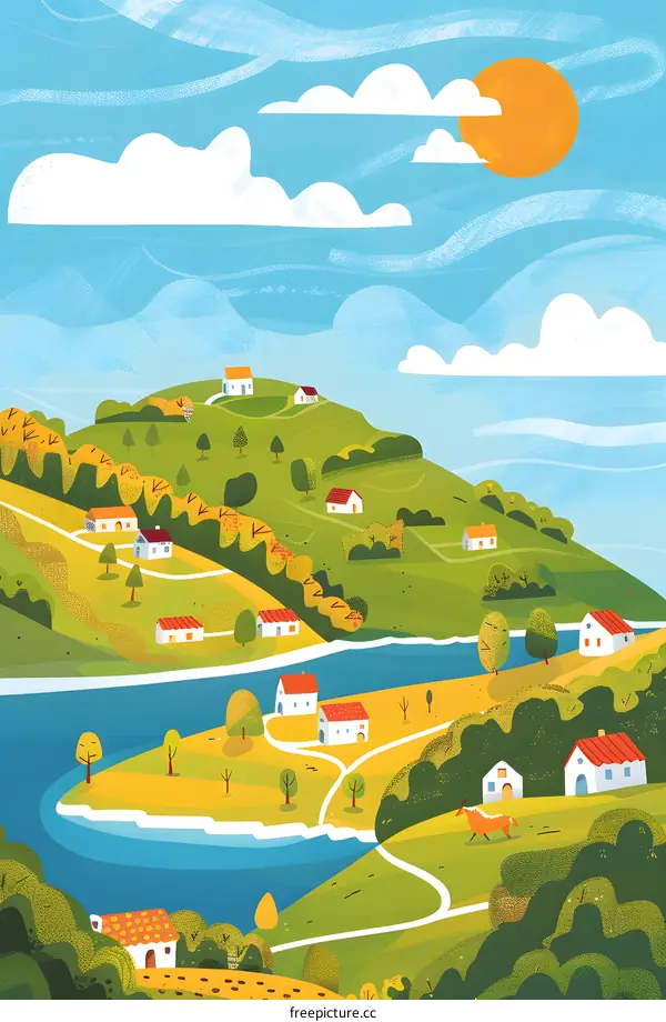Village Landscape with Green Hills and River