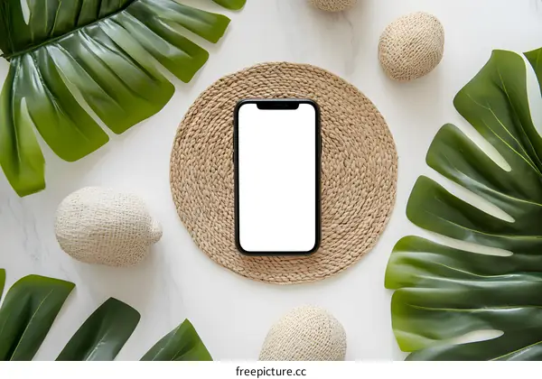 White Background with Phone, Green Leaves and Woven Balls