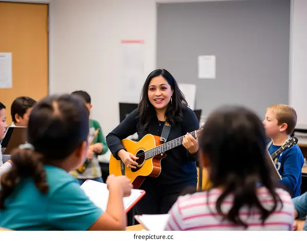 Music Teacher Playing Guitar For Students In Classroom