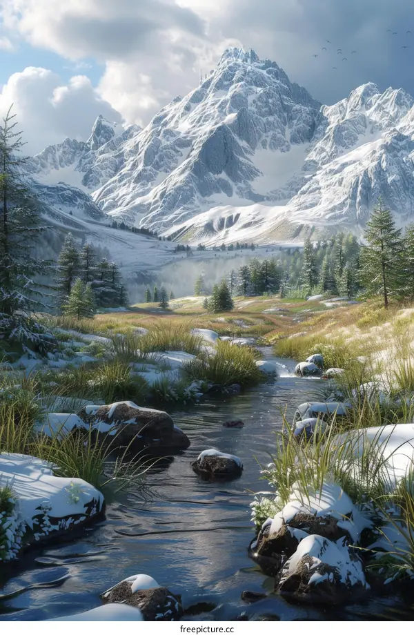 Majestic Winter Landscape with Snow-Capped Mountains and River