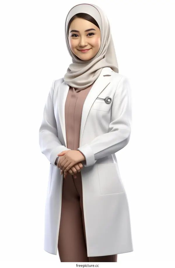 A young female doctor wearing a hijab is standing with her arms crossed.