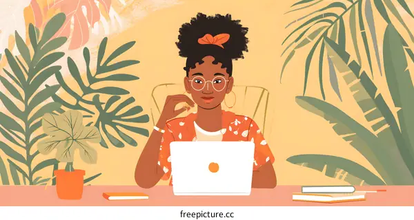 African American Woman Working On Laptop With Tropical Leaves Background