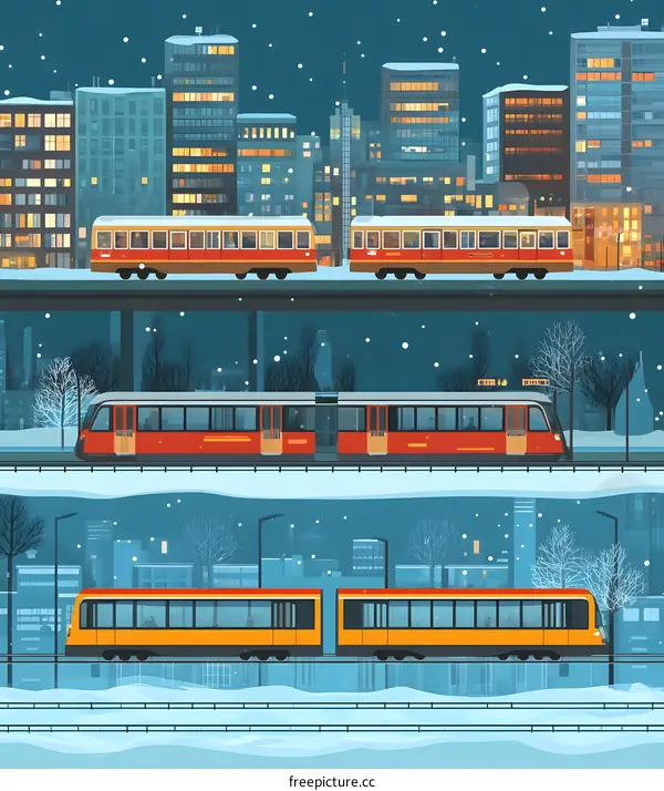 Snowy Cityscape with Train in the Winter Night