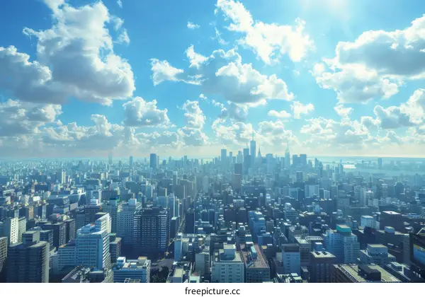 A panoramic view of a large city with skyscrapers and the blue sky