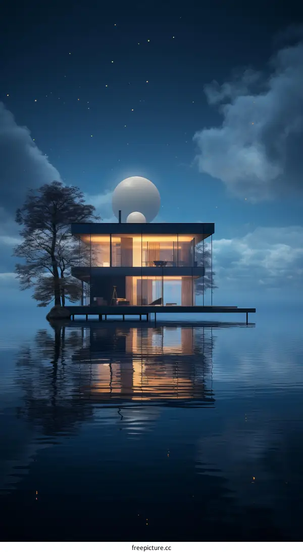 futuristic house on lake at night with moon and stars in background