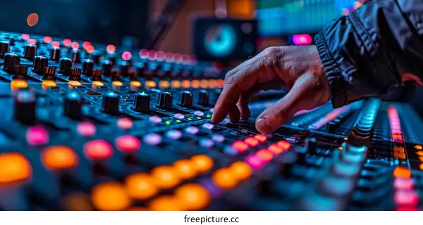 Sound engineer working at a mixing console in a recording studio