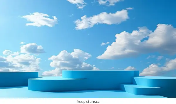 Abstract Blue Product Display Platform Against a Sky Background
