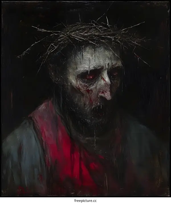 Oil Painting of a Man Wearing a Crown of Thorns