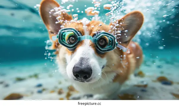 A cute corgi dog wearing swimming goggles swims underwater
