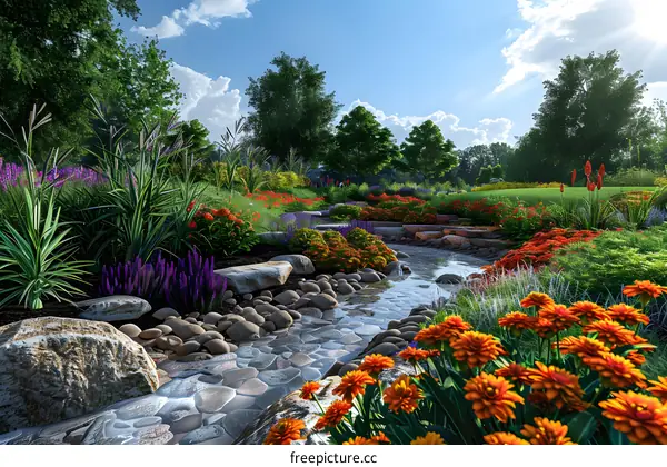 A colorful garden creek
