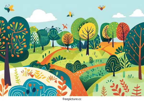 Colorful Landscape with Winding Path Through a Forest of Trees