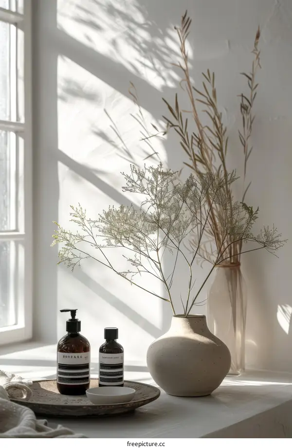 Dried plants and ceramic vase by the window