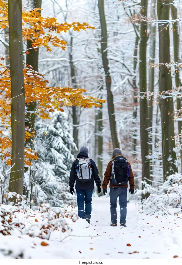 Two Hikers Walking Through a Snowy Forest