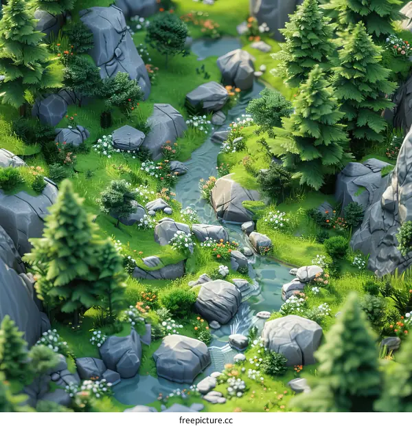 River Winding Through a Rocky Valley with Lush Greenery