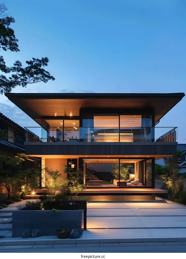 Modern Japanese House with Large Windows and a Patio