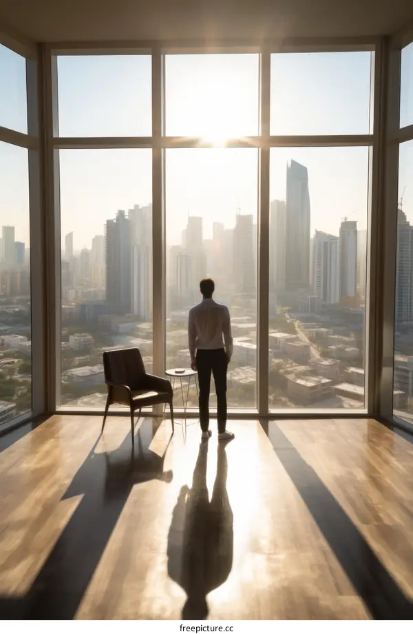Businessman looking at the city from the window