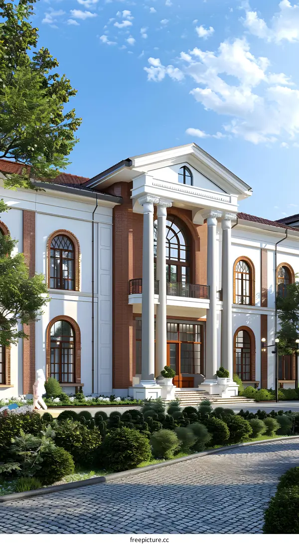 Elegant Brick and White Mansion with Grand Entrance