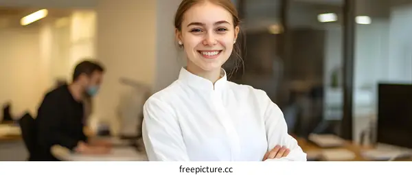 Smiling Businesswoman in White Shirt in Office