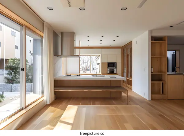 Modern Japanese Kitchen Design with Wooden Cabinets and White Marble Countertops