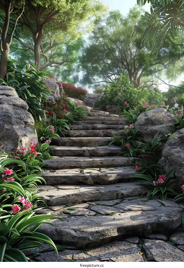 Stone Steps in a Lush Garden Pathway