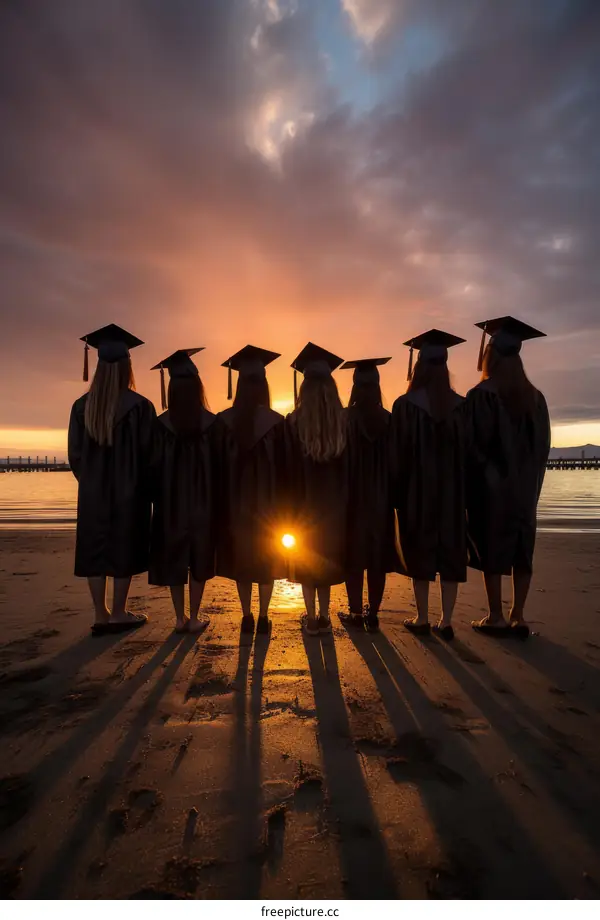 Female graduates in caps and gowns standing on beach at sunset