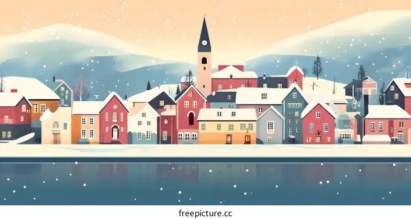 Snowy Village Landscape with Church Tower