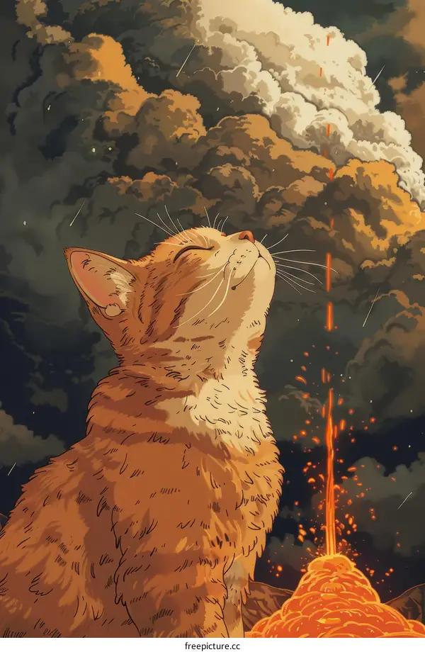 Cat looking up at a volcanic eruption