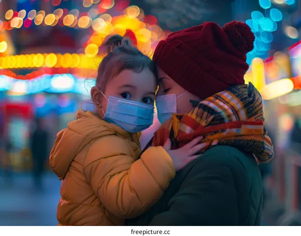 Mother and daughter wearing medical masks during coronavirus pandemic