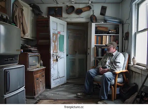 Portrait of a man sitting in a chair in a messy room