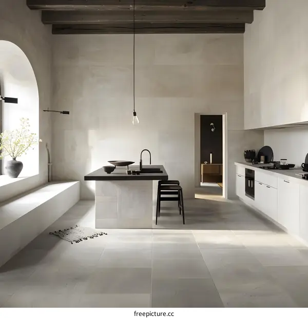 Modern Minimalist Kitchen Interior Design with White Tiles and Wood Beams