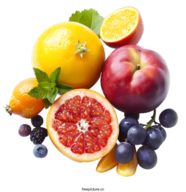 [Transparent Background PNG]Fresh Fruit Arrangement with Orange, Grapefruit, Apple, Grape, and Berries