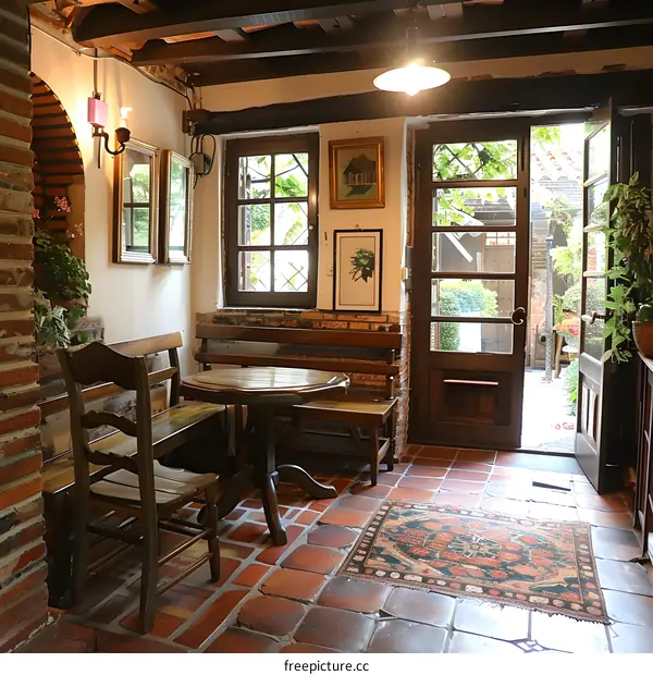 A cozy dining room with a rustic table and chairs