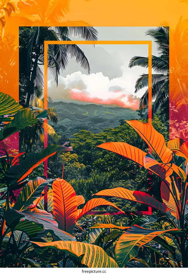 Tropical Rainforest Background with Lush Greenery and Palm Trees