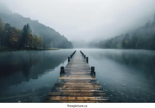 Wooden dock extending out into a foggy lake with trees on the shore